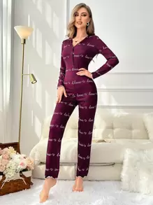 Buchstaben-Grafik Salat-Saum Knopfverschluss Schlaf-Jumpsuit, Herbst, Winter