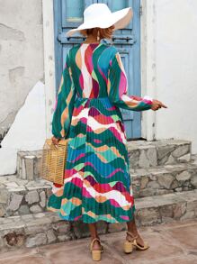 Aveloria All Over Print Lantern Sleeve Pleated Hem Dress Without Belt - Multicolor - View 3