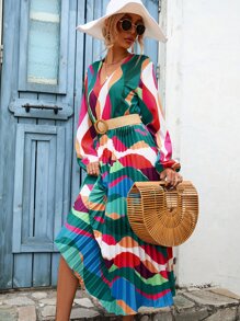 Aveloria All Over Print Lantern Sleeve Pleated Hem Dress Without Belt - Multicolor - View 5