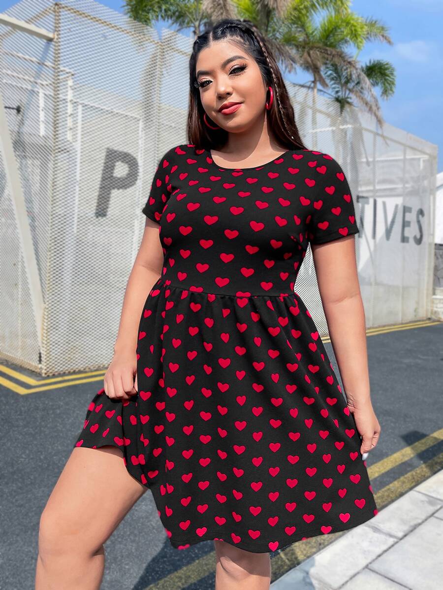 SHEIN EZwear 大碼愛心圖案A字連衣裙 - 彩色 - 查看 1