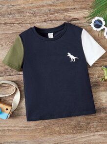 SHEIN Toddler Boys Dinosaur Print Colourblock Tee - Navy Blue - View 1