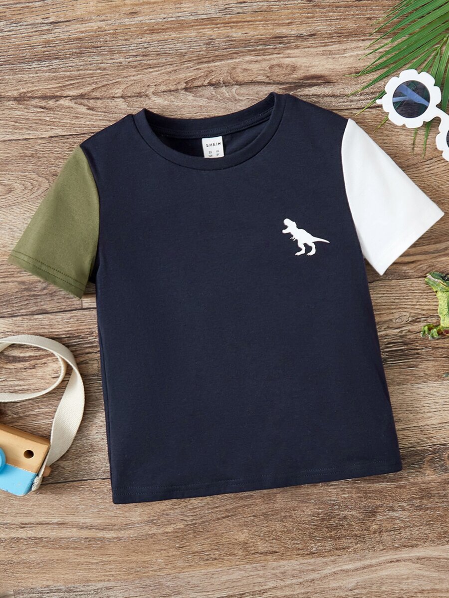 SHEIN Toddler Boys Dinosaur Print Colourblock Tee - Navy Blue - View 1