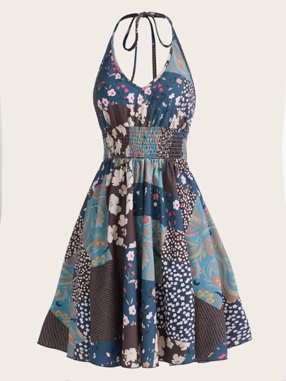 Patchwork Print Halter Dress