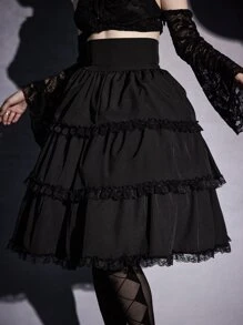 ROMWE Goth Falda con volantes de encaje de contraste estilo renacimiento, para la escuela - Negro - Ver 2
