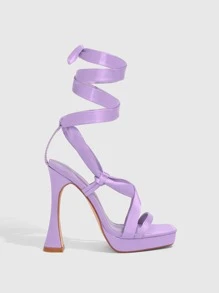 Tie Leg Design Platform Heeled Satin Strappy Sandals - Purple - View 5