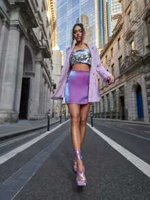 Tie Leg Design Platform Heeled Satin Strappy Sandals - Purple - View 1