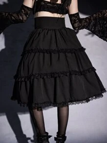 ROMWE Goth Falda con volantes de encaje de contraste estilo renacimiento, para la escuela - Negro - Ver 4