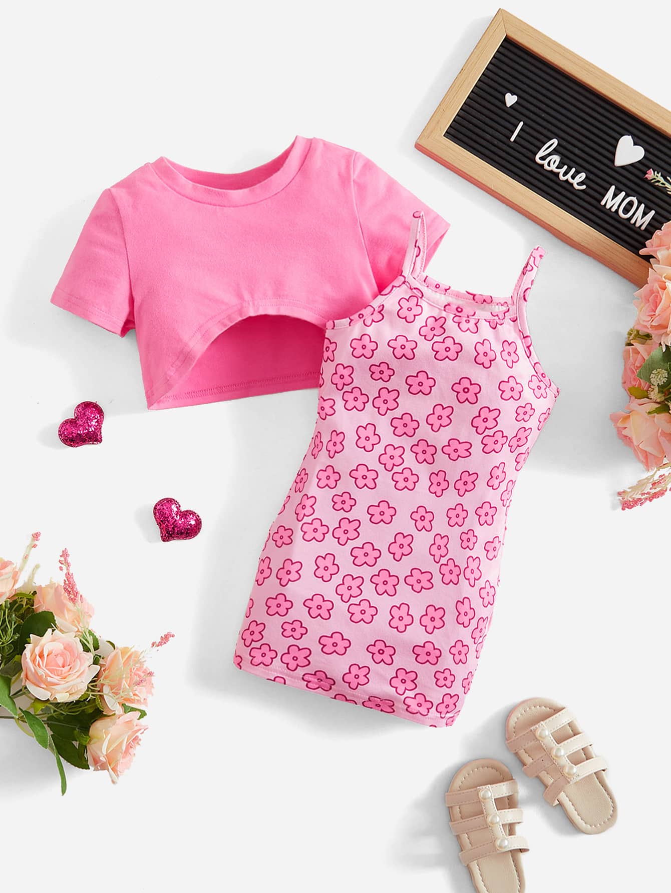 SHEIN 嬰兒印花吊帶連衣裙和短款T恤 - 粉色 - 查看 1