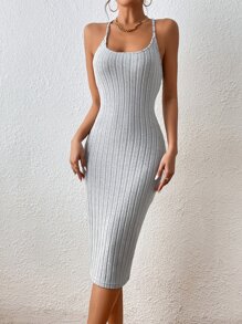 SHEIN Essnce Solid Ring Detail Cami Bodycon Dress - Light Grey - View 6