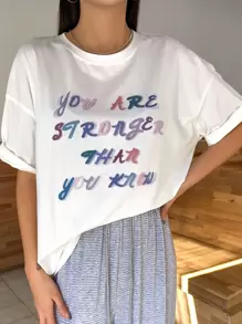 DAZY Slogan Graphic Drop Shoulder Tee - White - View 1