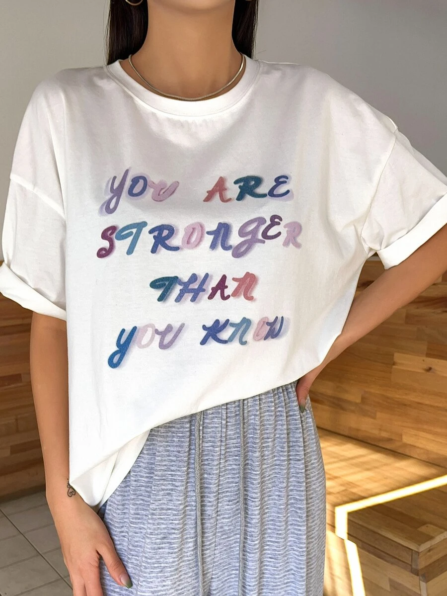 DAZY Slogan Graphic Drop Shoulder Tee - White - View 1