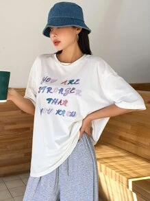 DAZY Slogan Graphic Drop Shoulder Tee - White - View 4