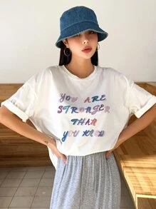 DAZY Slogan Graphic Drop Shoulder Tee - White - View 5