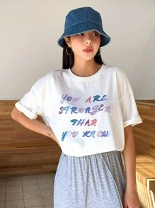 DAZY Slogan Graphic Drop Shoulder Tee - White - View 6