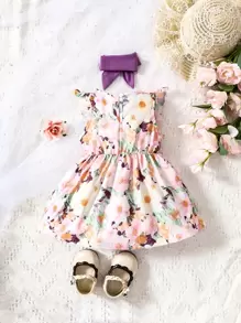 SHEIN Đứa bé gái In hoa Viền Ruffle Nơ mặt trước Đầm Với băng đô - Nhiều màu - Xem 2
