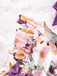 SHEIN Đứa bé gái In hoa Viền Ruffle Nơ mặt trước Đầm Với băng đô - Nhiều màu - Xem 4