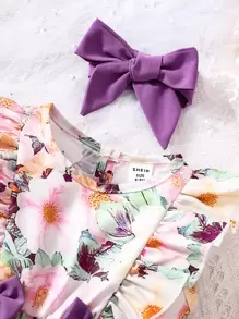 SHEIN Đứa bé gái In hoa Viền Ruffle Nơ mặt trước Đầm Với băng đô - Nhiều màu - Xem 5