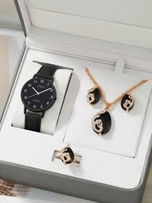 Jhui 1 pieza Reloj cuarzo de puntero redondo & 4 piezas Set joya - Negro - Ver 1