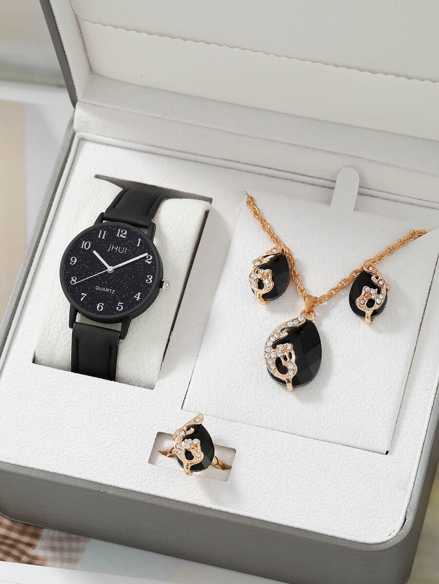 Jhui 1 pieza Reloj cuarzo de puntero redondo & 4 piezas Set joya - Negro - Ver 1