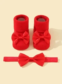 1pair Baby Bow Decor Socks & 1pc Hair Band - Red - View 1