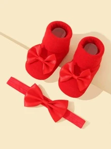 1pair Baby Bow Decor Socks & 1pc Hair Band - Red - View 2