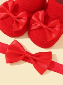 1pair Baby Bow Decor Socks & 1pc Hair Band - Red - View 4