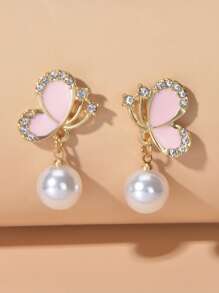 水鑽裝飾蝴蝶耳墜 - 粉色 - 查看 4