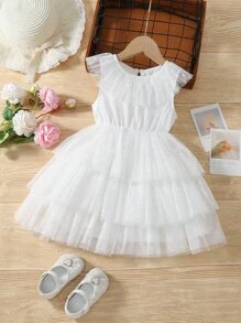 Niñas Vestido ribete con fruncido de malla bajo a capas - Blanco - Ver 1