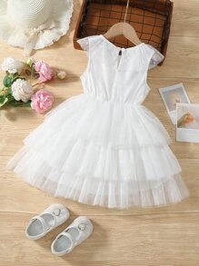 Niñas Vestido ribete con fruncido de malla bajo a capas - Blanco - Ver 2