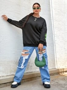 SHEIN Coolane 大碼字母圖案落肩袖運動衫