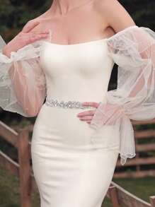 水钻和仿珍珠装饰新娘腰带情人节配饰 - 米色 - 查看 2