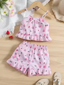 Toddler Girls Striped & Fruit Print Ruffle Hem Cami Top & Shorts - Baby Pink - View 1