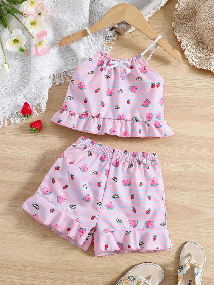 Toddler Girls Striped & Fruit Print Ruffle Hem Cami Top & Shorts - Baby Pink - View 1