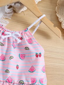 Toddler Girls Striped & Fruit Print Ruffle Hem Cami Top & Shorts - Baby Pink - View 3
