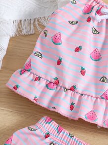 Toddler Girls Striped & Fruit Print Ruffle Hem Cami Top & Shorts - Baby Pink - View 4