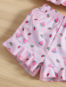 Toddler Girls Striped & Fruit Print Ruffle Hem Cami Top & Shorts - Baby Pink - View 6