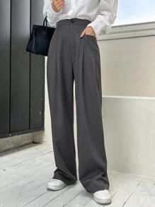 DAZY Fold Pleated Wide Leg Trousers - Dark Grey - View 1