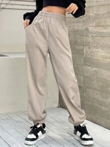 DAZY Solid Slant Pocket Elastic Waist Joggers - Khaki - View 8