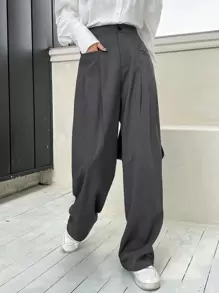 DAZY Fold Pleated Wide Leg Trousers - Dark Grey - View 4