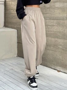 DAZY Solid Slant Pocket Elastic Waist Joggers - Khaki - View 3