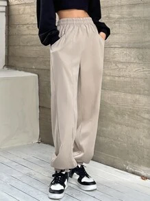 DAZY Solid Slant Pocket Elastic Waist Joggers - Khaki - View 4