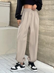 DAZY Solid Slant Pocket Elastic Waist Joggers - Khaki - View 1