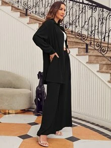 SHEIN Frenchy Drop Shoulder Solid Shirt & Wide Leg Trousers - Black - View 3