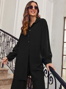 SHEIN Frenchy Drop Shoulder Solid Shirt & Wide Leg Trousers - Black - View 4