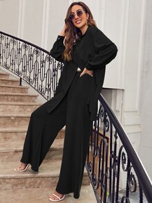 SHEIN Frenchy Drop Shoulder Solid Shirt & Wide Leg Trousers - Black - View 5