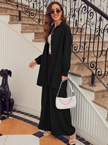 SHEIN Frenchy Drop Shoulder Solid Shirt & Wide Leg Trousers - Black - View 6