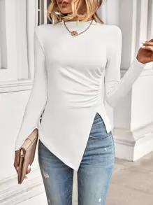 SHEIN Essnce Camiseta fruncido bajo con abertura - Blanco - Ver 1