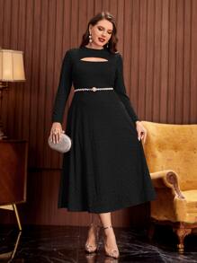 Modelyn Plus Cut Out Front Mock Neck Dress Without Belt - Black - View 1