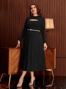 Modelyn Plus Cut Out Front Mock Neck Dress Without Belt - Black - View 5