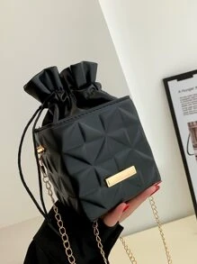 Mini Geometric Embossed Drawstring Chain Box Bag - Black - View 2